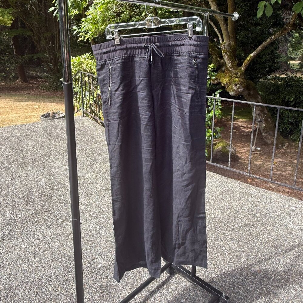 Athleta Women's Cabo Linen Wide Leg Pants Black Beach Coastal Pockets Size 12